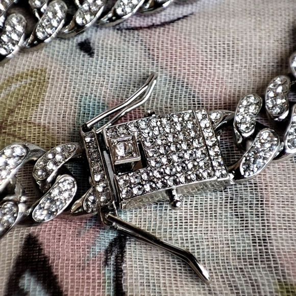 Cuban Chunky Heavy Link Chain Silver Tone Rhinestone Encrusted Bracelet UNISEX - Picture 7 of 14